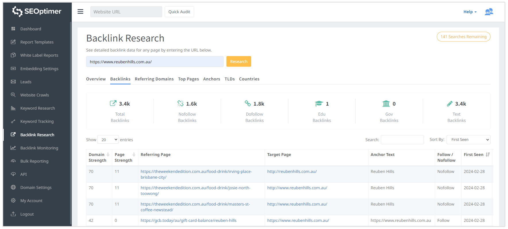 SEOptimer backlink research tool